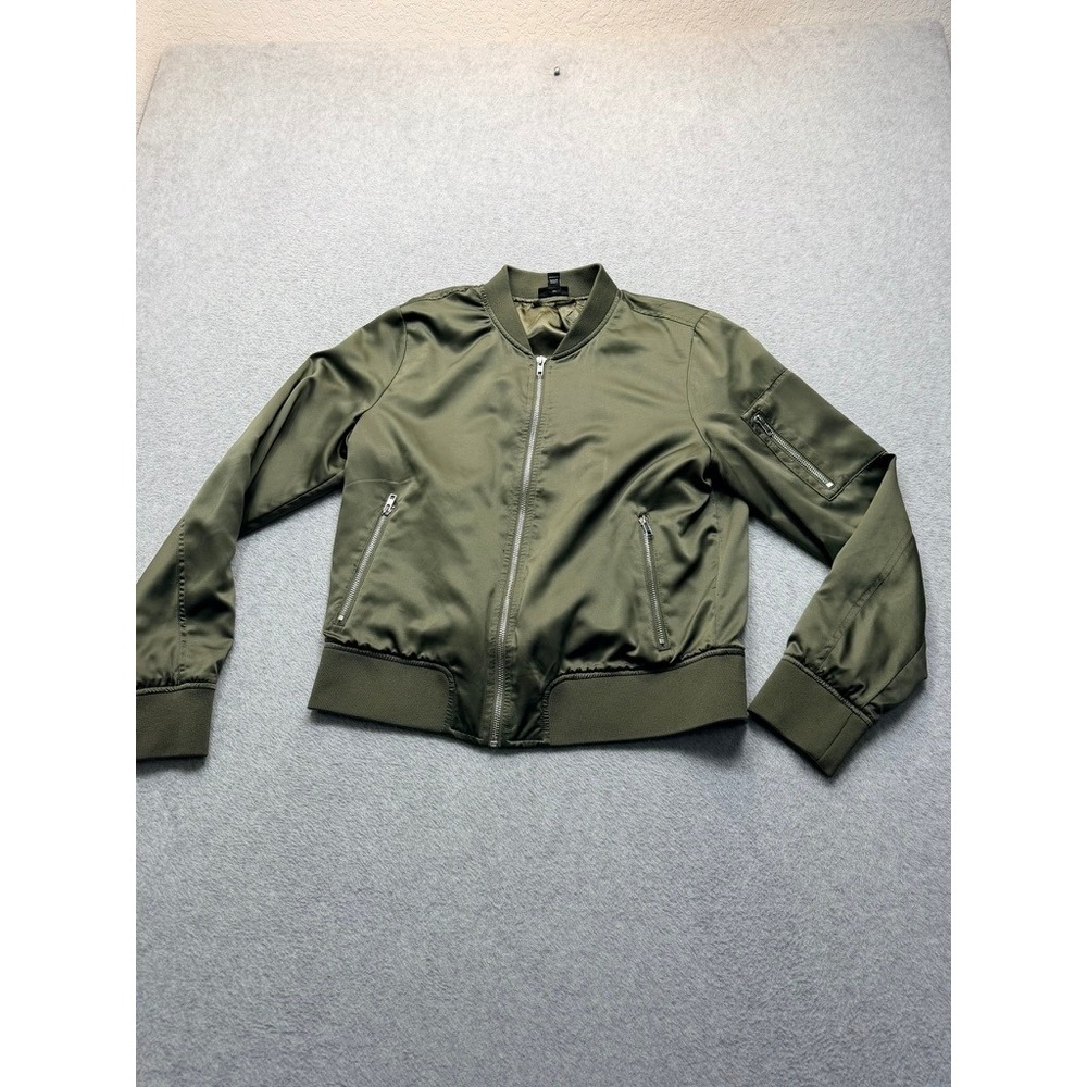 Olive Green Satin Bomber Jacket Full Zip Ribbed Trim Utility Pockets Womens